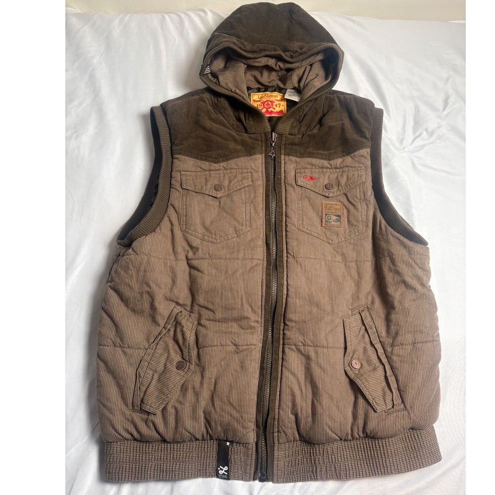 LRG Puffer Vest Mens XL Brown Excellent Hooded Corduroy Pinstripe 1114004